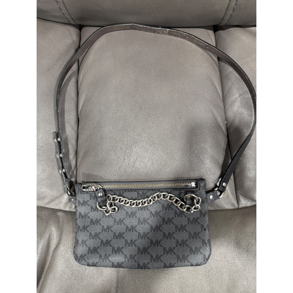 Michael Kors MK Signature Monogram Chain Strap Wristlet Pouch Black